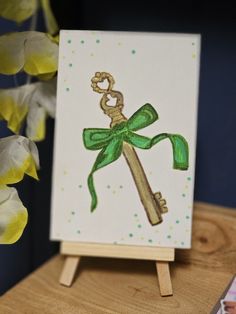 Hand-Painted Gold Key Wall Art with Green Ribbon - Home Art